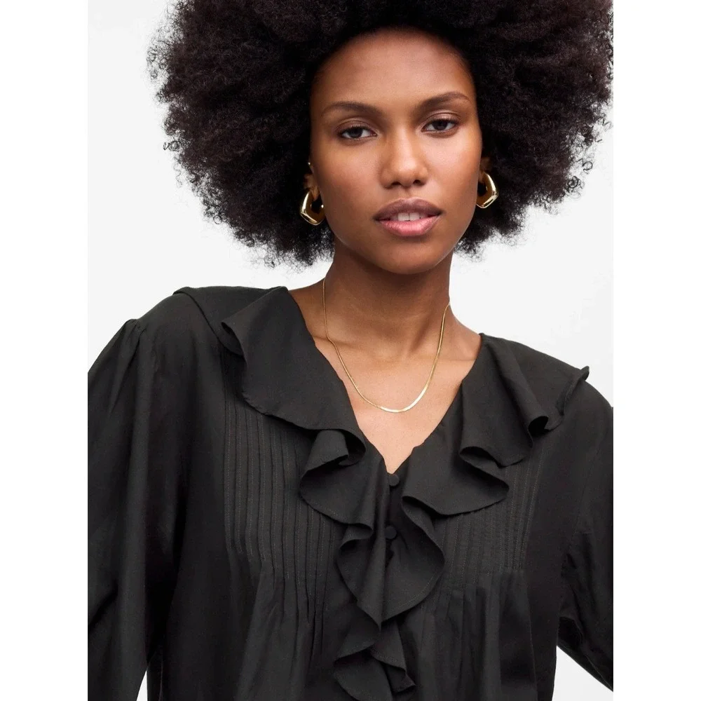 Madewell Black Ruffle Front Pintuck Long Sleeve Button Up Blouse XS